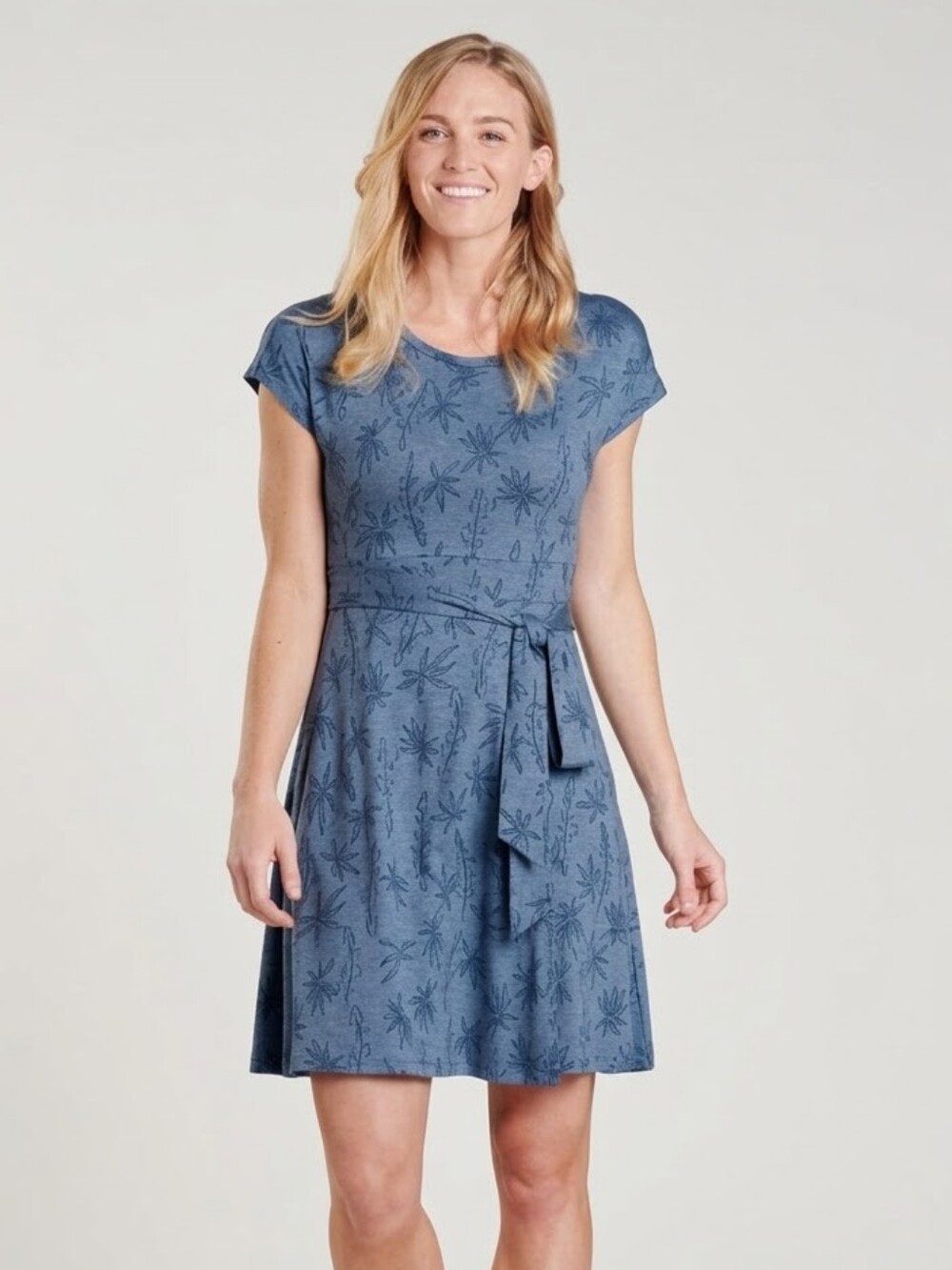 Toad&Co Cue Wrap Cafe Dress Blue Botanical Print Eco-Fabric Sz Medium